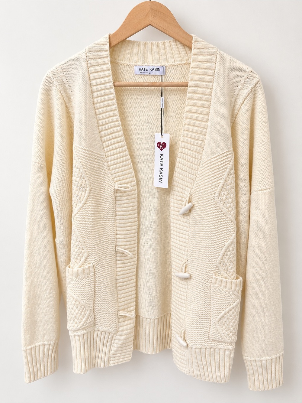 Kate Kasin Ivory Cable Knit Toggle Cardigan NWT